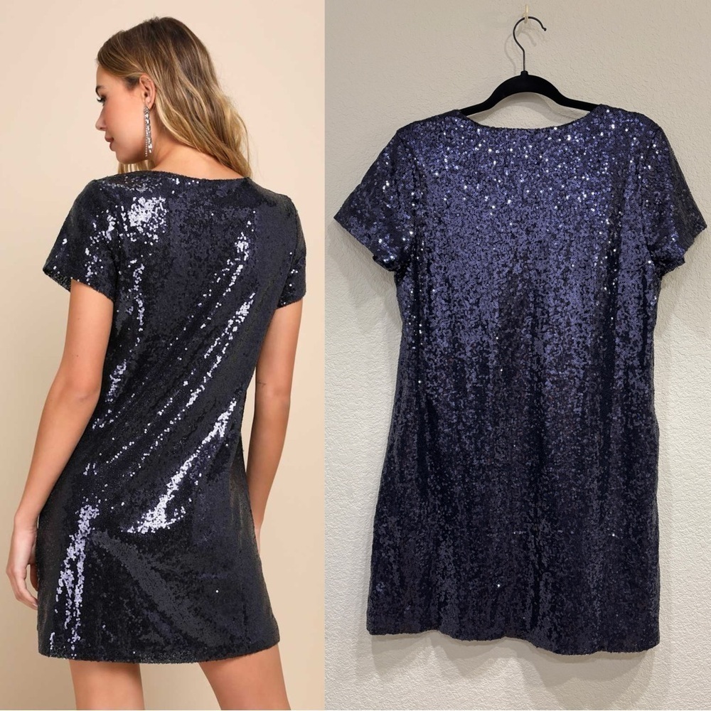 NWOT Lulus Light Up the Night Navy Blue Sequin Shift Dress - Picture 3 of 9